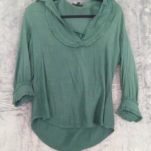 Mine Blouse Womens Small Green Ruffle Collar Long Sleeve Textured Pullover Top